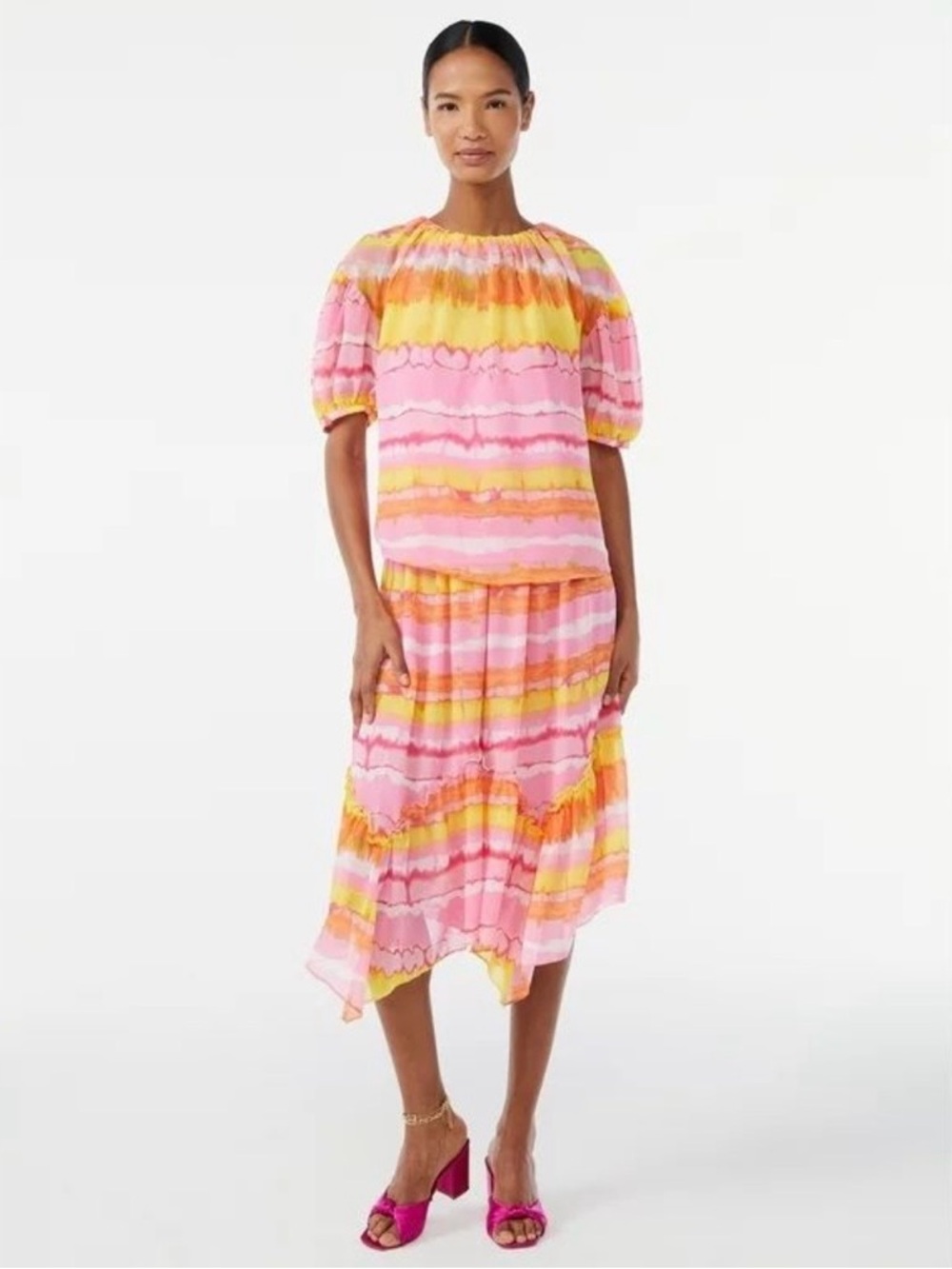 Scoop Pink and Yellow Tie-Dye Midi Skirt and Matching Top